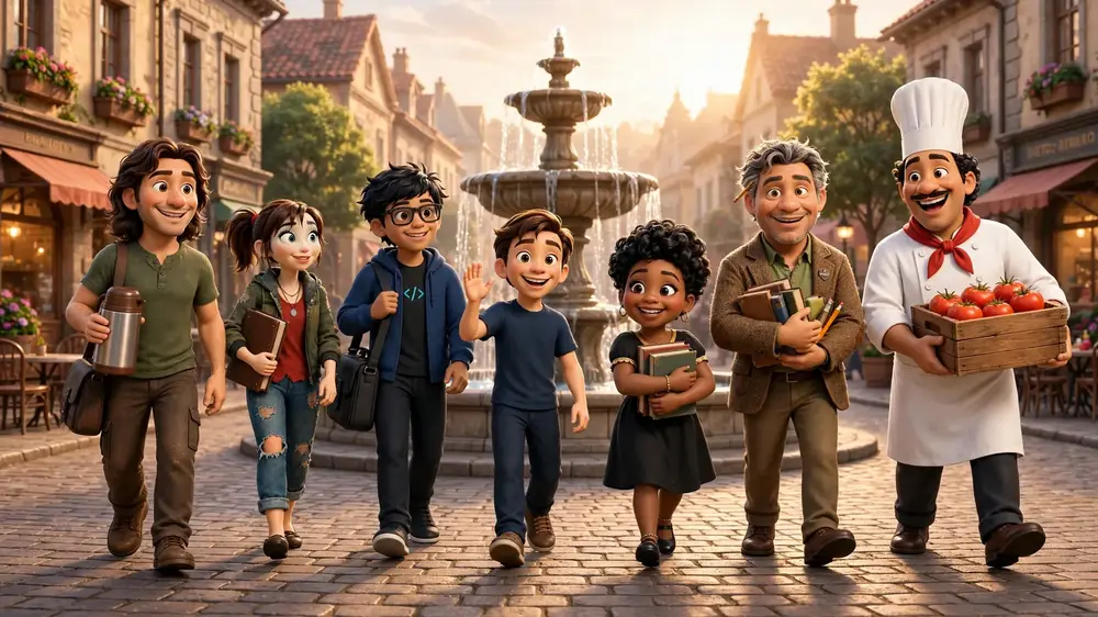 Friends in the E2 town square at sunrise